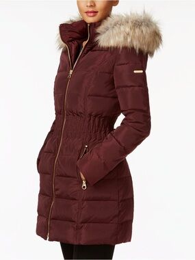 Laundry By Shelli Segal Plum Quilted Puffer Coat with Faux Fur Trim